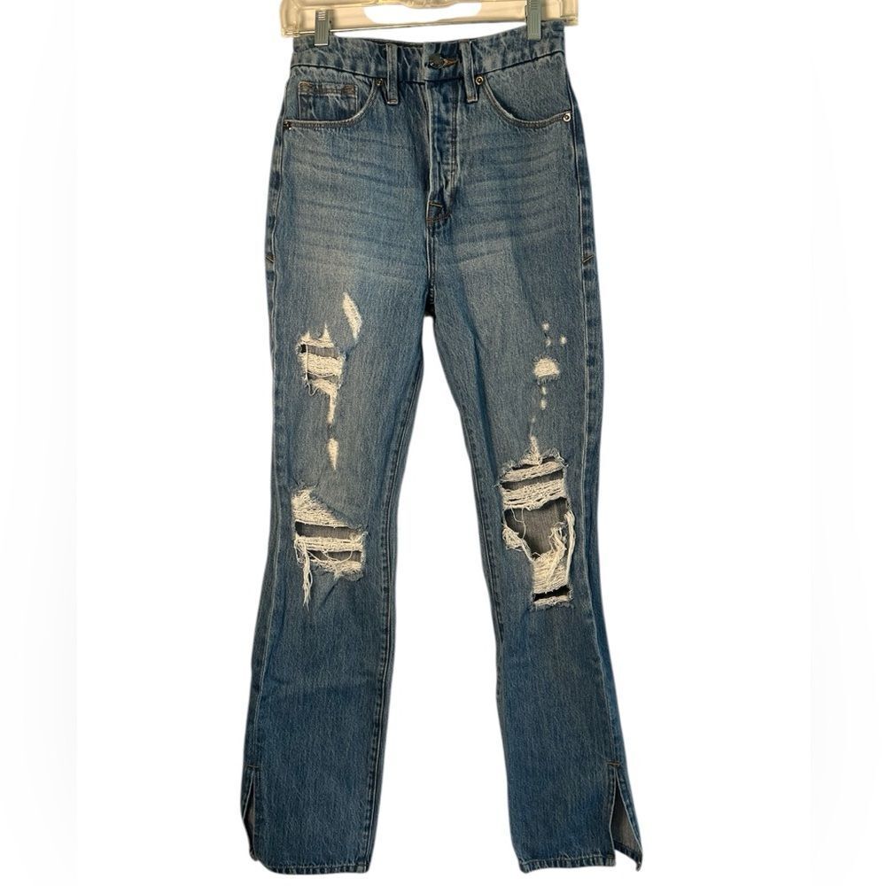 Good American Distressed Good Boy Blue Straight Leg Jeans size 0 - 100% Cotton